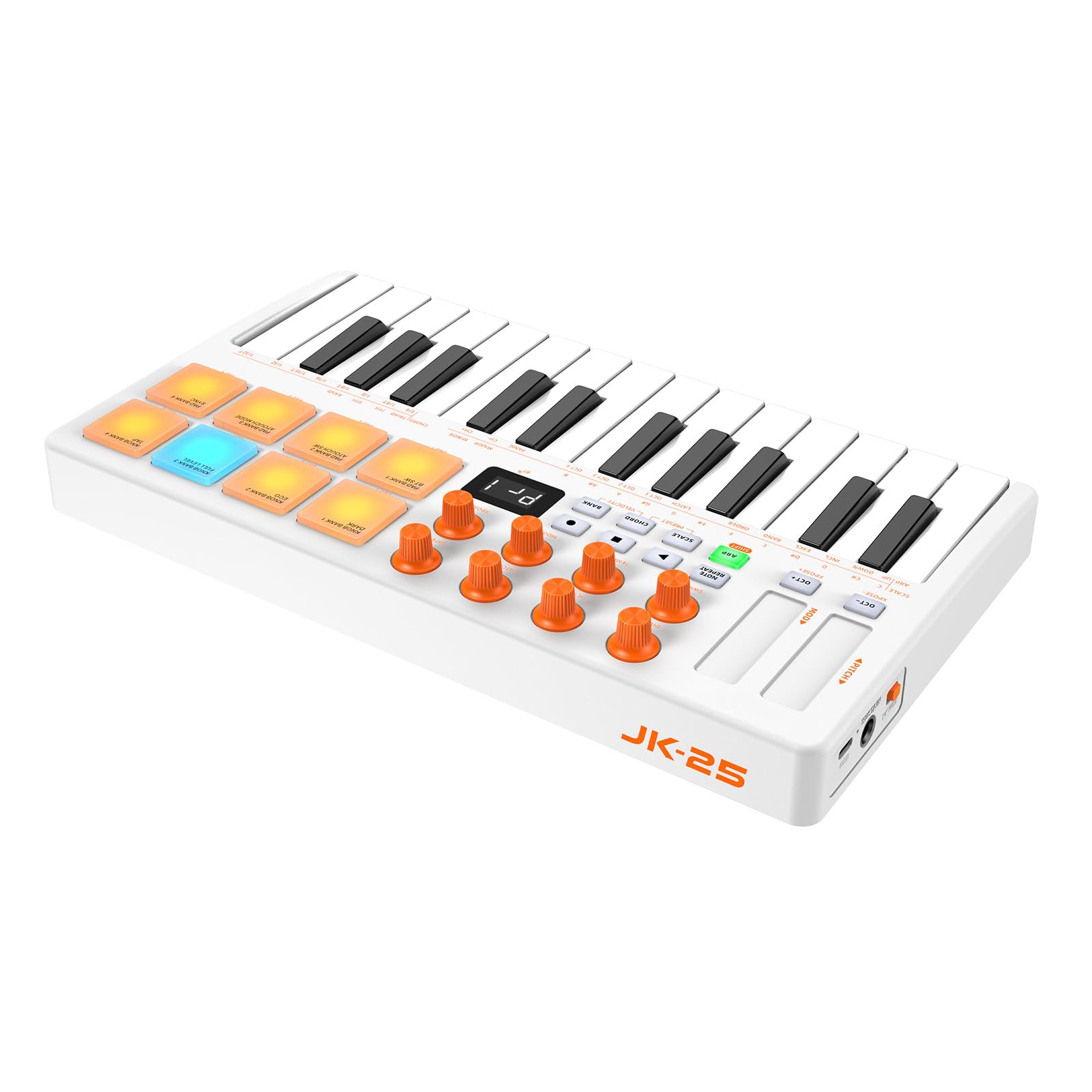 VGEBY Controller Tastiera MIDI, Pad di Produzione Musicale Portatile a 25 Tasti con Corpo in ABS, Tasti Sensibili Alla velocità, Arpeggiatore e Funzione Accordo per Principianti di Home Studio (WHITE)