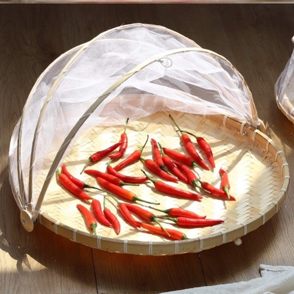Corbeille à fruits et légumes en bambou tissé à la main avec filet anti-moustique anti-insectes rond en osier résistant à la poussière Plateau pique-nique nourriture pain