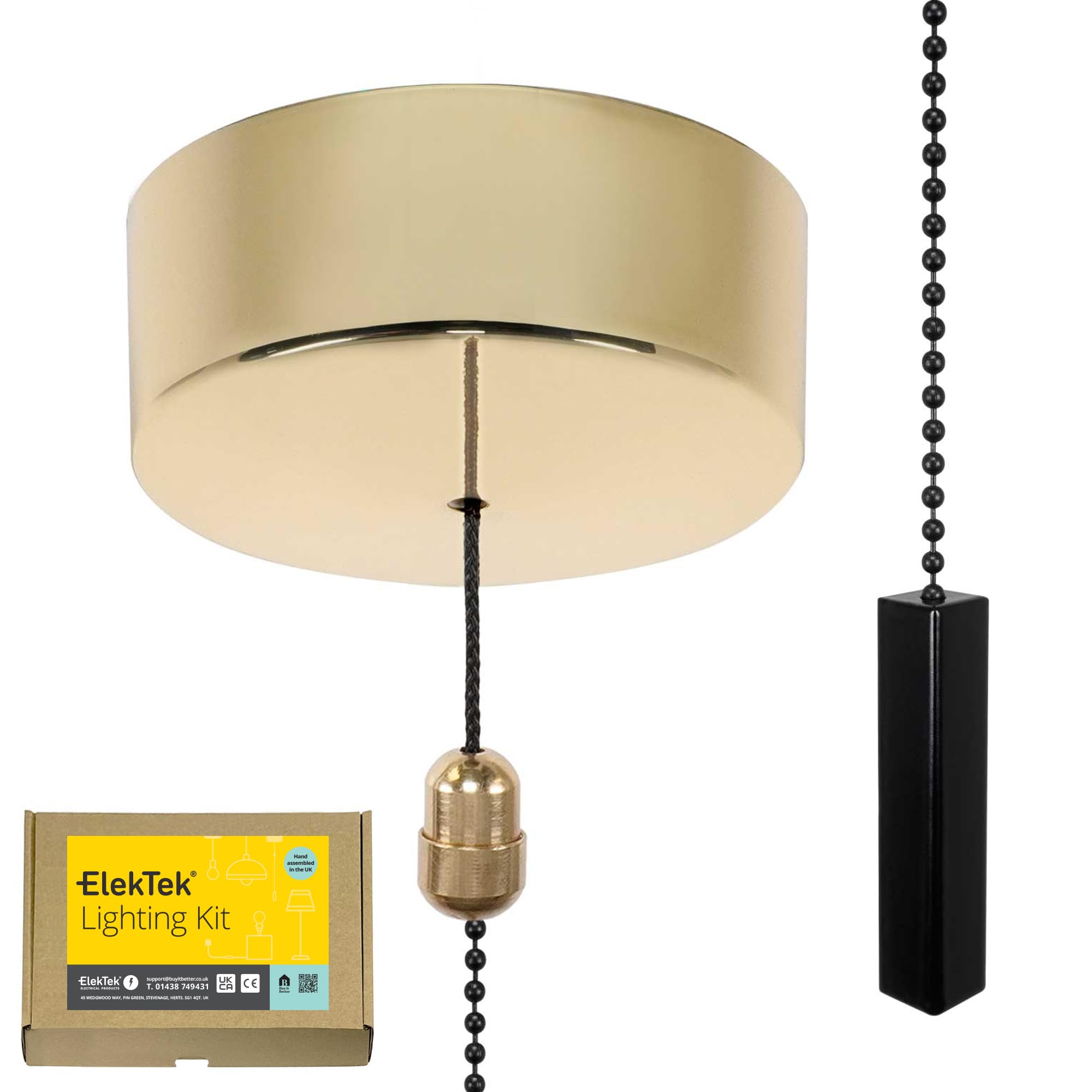 ElekTek Premium Brass Bathroom Light Pull Cord Switch Kit - Black Square Bar Black Chain