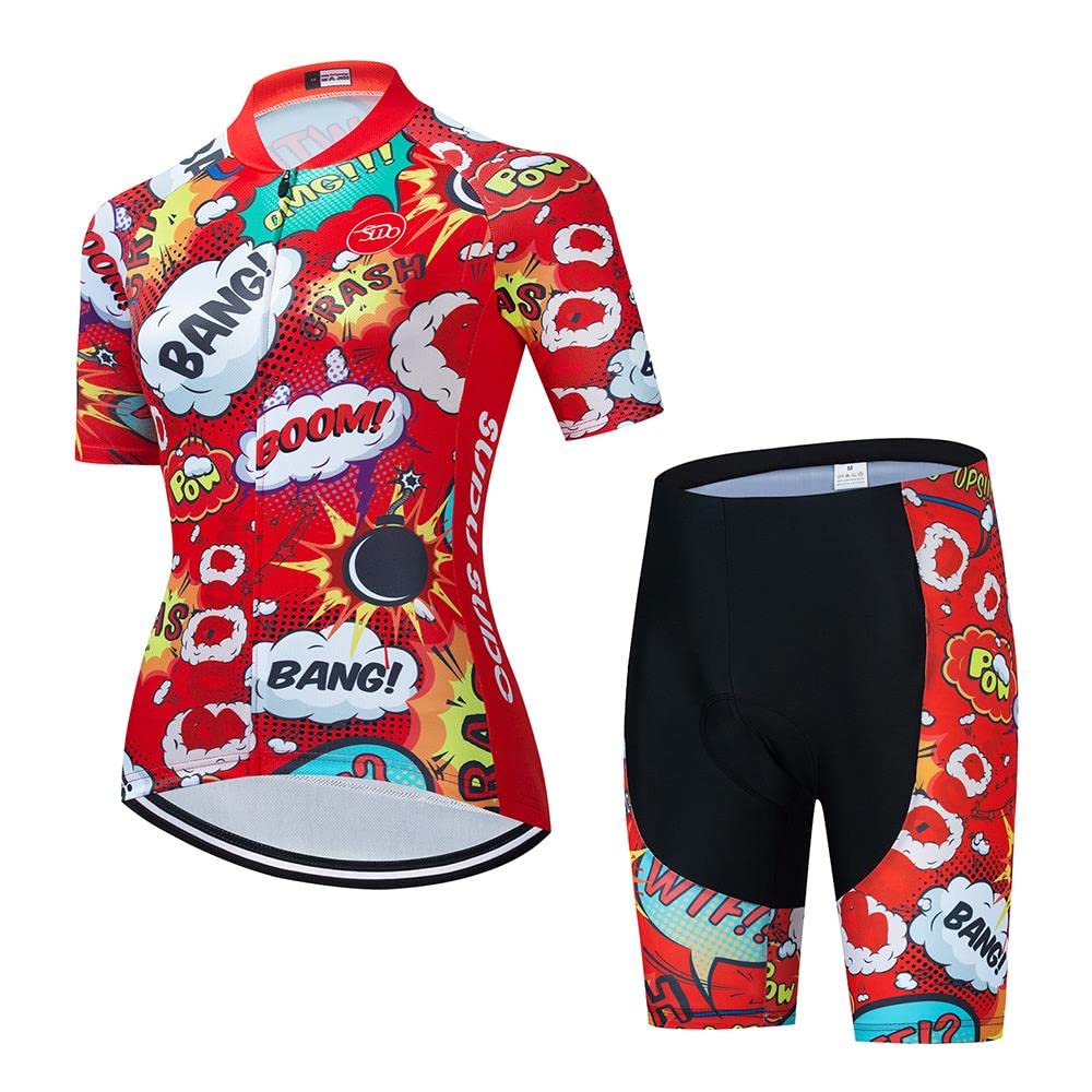 Women's Cycling Clothing Set Short Sleeve Road Bike Shirts Breathable Cycling Jersey with 20D Gel Padded Bib Shorts