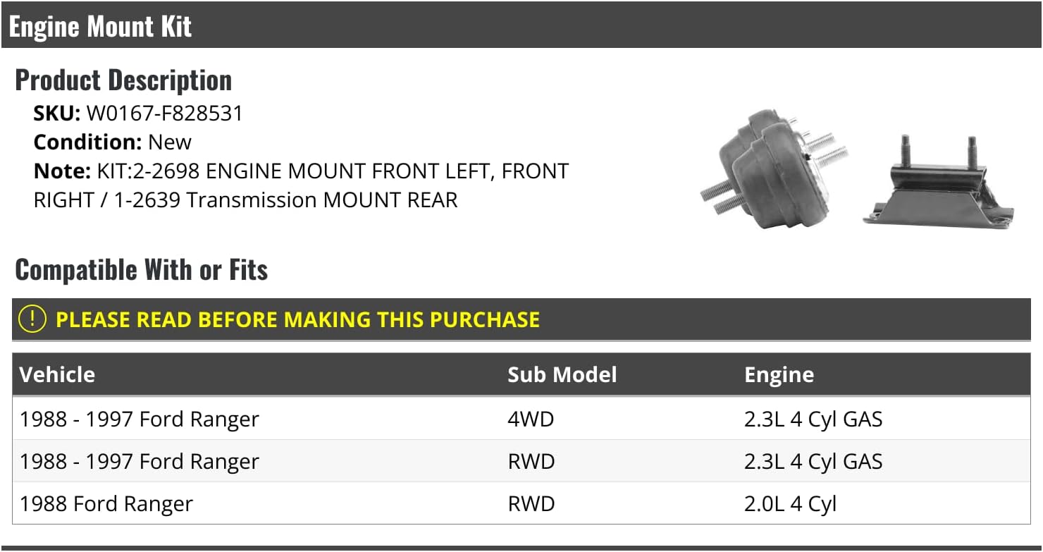 Engine Mount Kit - 3-Piece - Compatible with 1988-1997 Ford Ranger 2.3L 4-Cylinder 4WD, 2WD (Fits 1988 2.0L and 2.3L 4-Cylinder)