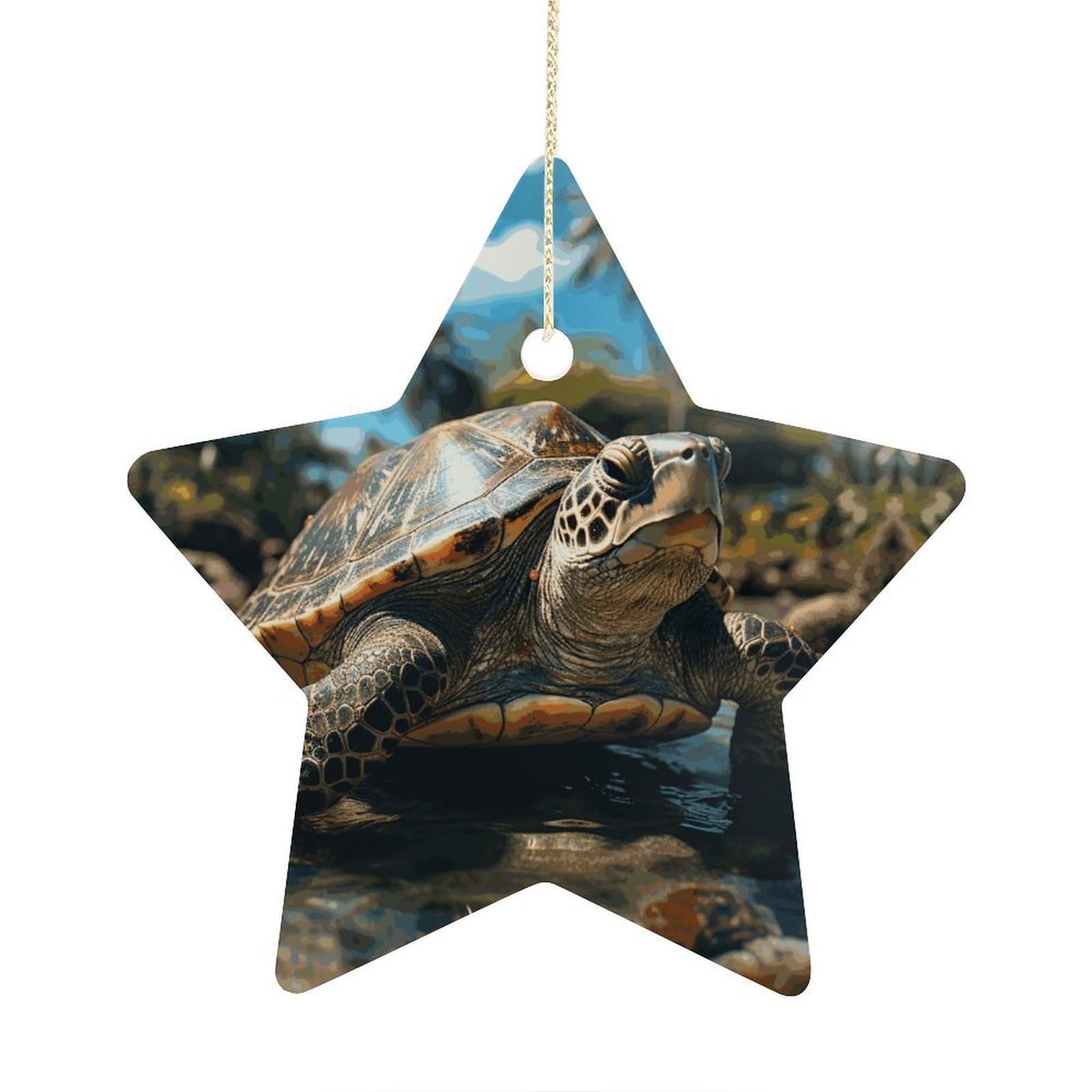 Big Turtle and Palm Trees Stars Ornaments Ceramic Christmas Tree Hanging Light in Weight Christmas Star Pendants Funny Double-Sided Printed Xmas Ornaments for Gifts
