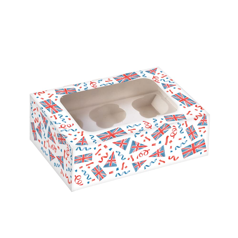 Anniversary House Coronation Cupcake Box with Window and Removable 6 Hole Insert, Union Jack Print, Easy Assembly, 7.5 x 16 x 23 CM, J133