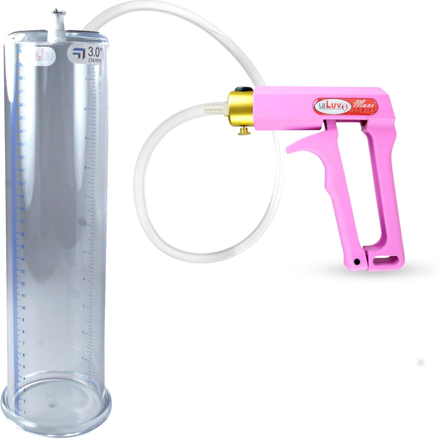 LeLuv Penis Pump Maxi Pink Nylon Handle with Clear Hose - 12 inch Length x 3 inch Diameter Cylinder