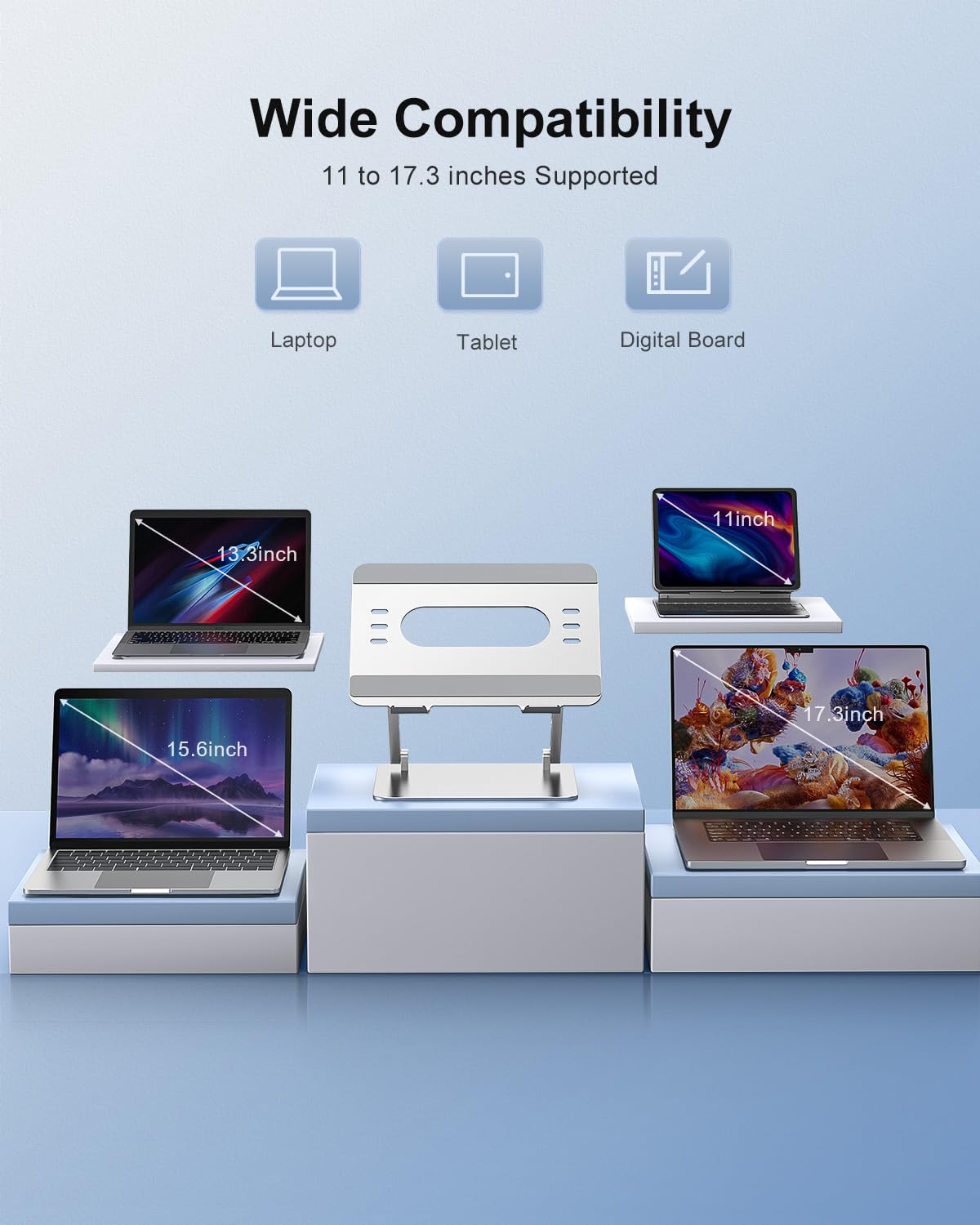 JOIOT Supporto regolabile per computer portatile, ergonomico, in alluminio, per scrivania, portatile, compatibile con computer portatili e tablet da 10 a 17,3 pollici, argento