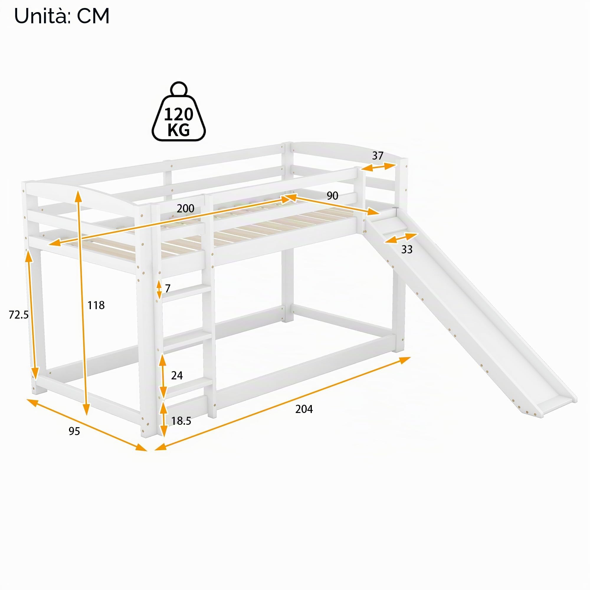 Moimhear Letto a castello da 90 x 200 cm, per bambini e ragazzi, con scivolo, struttura in legno massiccio, facile da montare (bianco)