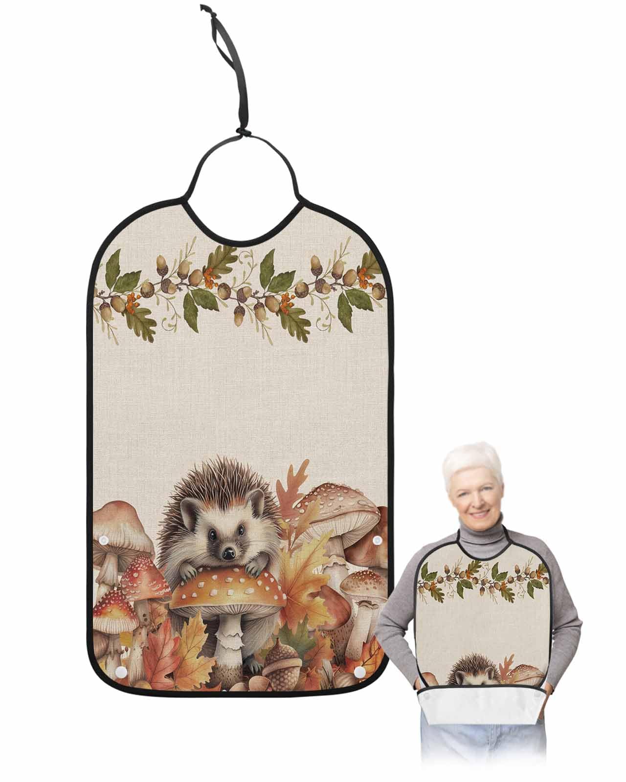 LEOKOTI Fall Mushroom Hedgehog Adult Bibs for Eating, Waterproof Bibs with Food Catcher & Adjustable Snap Closure, Thanksgiving Rustic Washable Clothing Protectors Adult Bibs for Elderly Women/Men