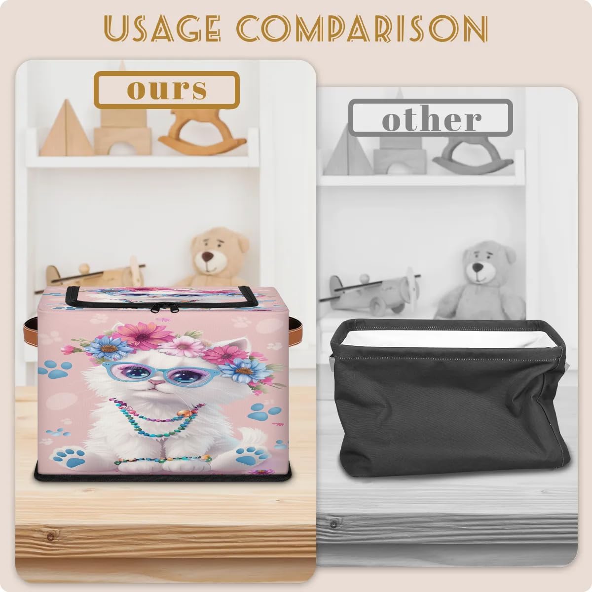 Cute Flowers Cat Storage Box with Lid and Handles Foldable Cloth Storage Basket Bin Bags for Shelves Closet Shelf Toys Clothes Bed Sheets Organizer 2 Pack