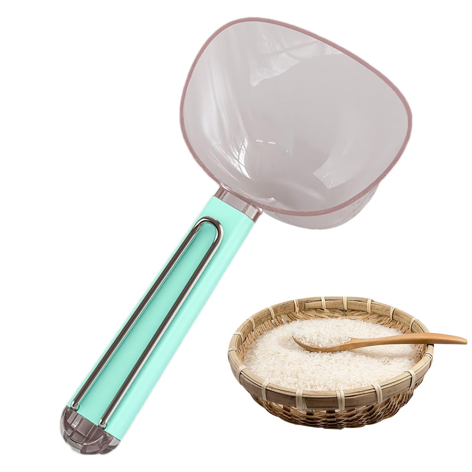 Cuillère à Mesurer Riz/Farine - Avec Clip Inox & Manche Long (18,9 Cm) - Transparente, Précise & Grande Capacité