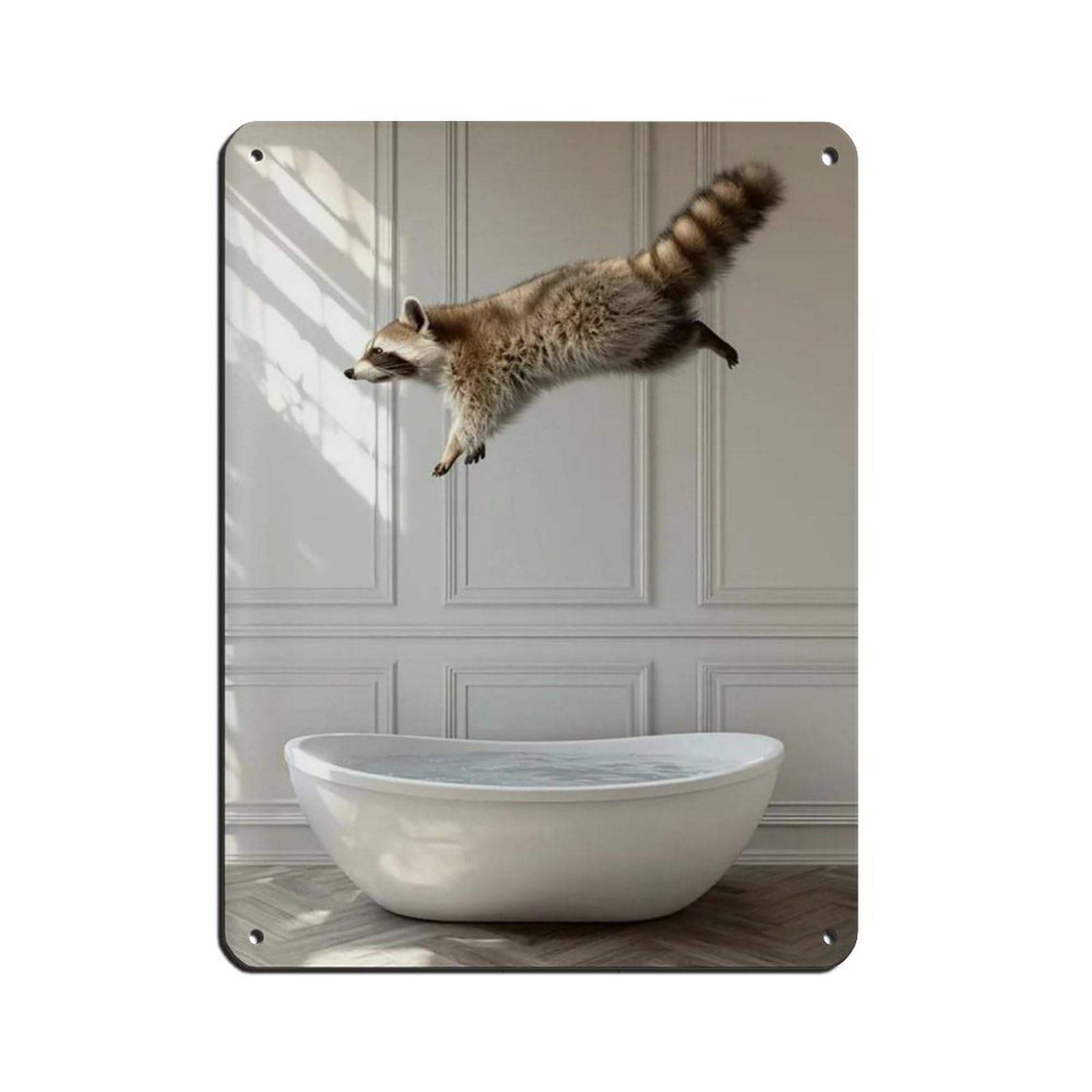 Raccoon Jumping Into Bathtub, Funny Bathroom Art Tin Sign Vintage Metal Pub Club Cafe Bar Home Wall Art Decoration Poster Retro 12x16inch(30x40cm)