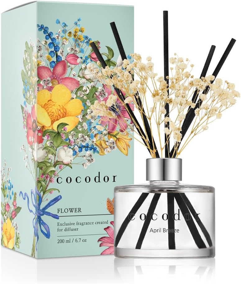 COCODOR Reed Diffuser Set with Preserved Baby's Breath with Sticks/April Breeze / 6.7oz / Scent Fragrance Oil Diffuser for Bedroom Bathroom Home Decor