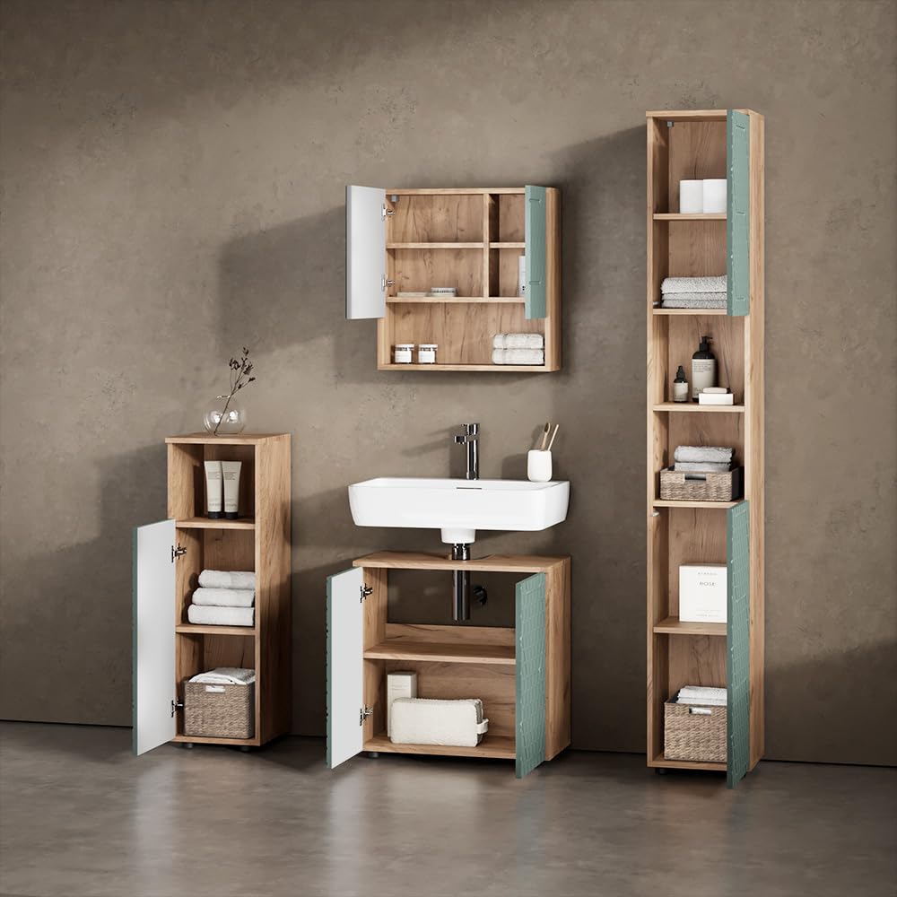 Livinity Ensemble de Meubles de Salle de Bain Ronco, Vert/Chêne doré 60 cm