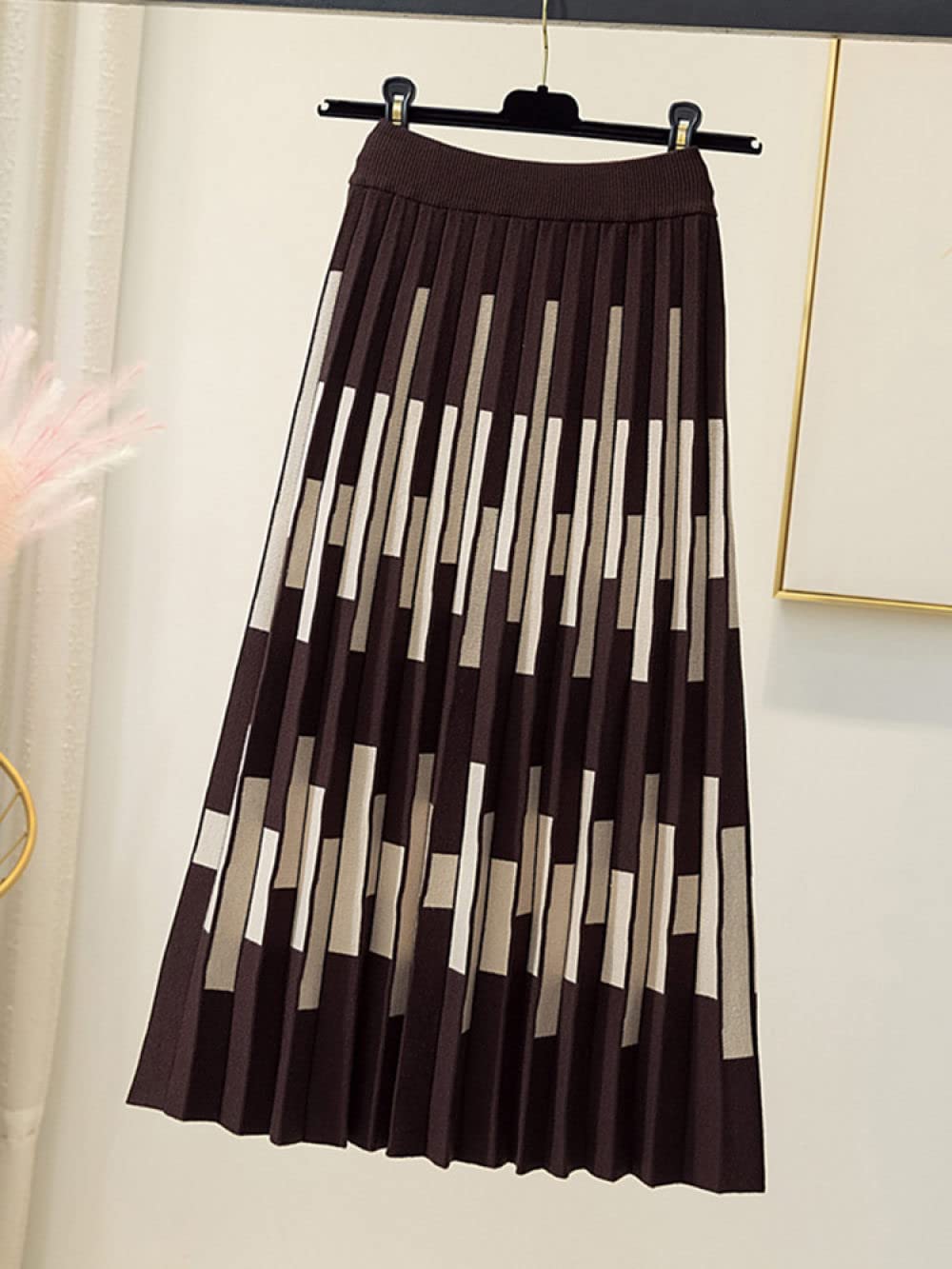 Faldas De Invierno para Mujer, Falda De Punto A Rayas Faldas Plisadas De Café para Mujer Cintura Elástica Midi Elegante Falda De Talle Alto De Una Línea Falda D