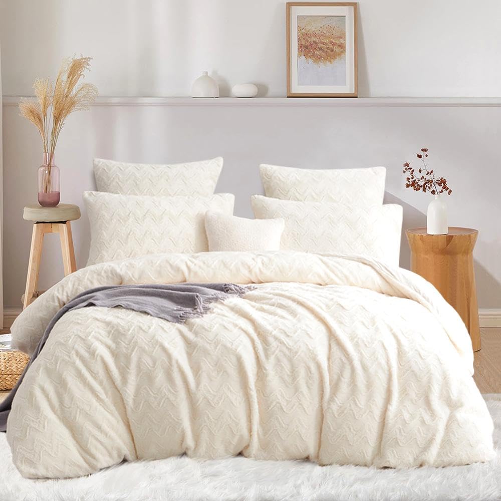Freyamy - Funda de edredón de 220 x 240 cm, color beige ondulado, invierno cálido, mullido, juego de cama con 2 fundas de almohada de 65 x 65 cm, con cremallera, franela y 2 fundas de almohada