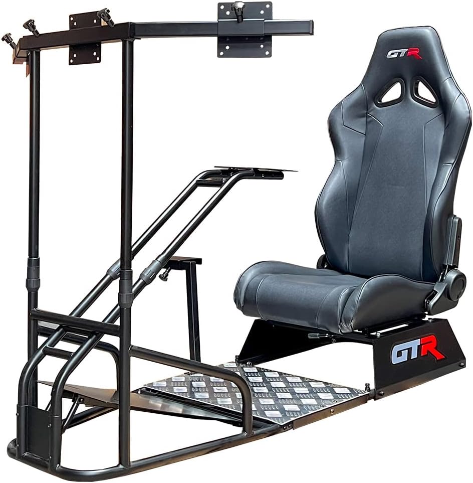 GTS-F Model Majestic Black Frame Triple | Single Monitor Stand with Black Adjustable Leatherette Seat Racing Driving Gaming Simulator Cockpit Chair