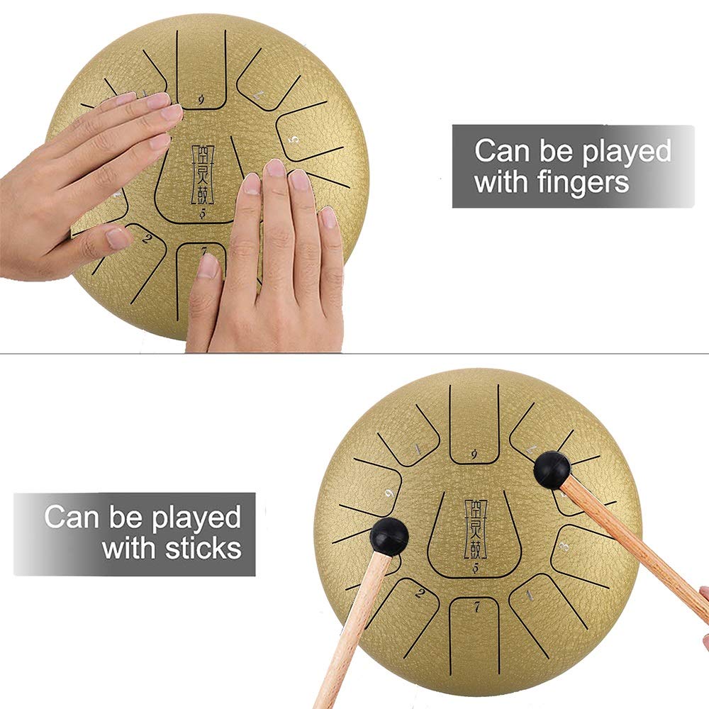 Tamburo A Lingua In Acciaio Da 12 Pollici A 11 Note, Tamburo A Percussione Manuale, Set Di Strumenti A Batteria Etereo Con Borsa Per Il Trasporto, Bacchette, Tacche Per Bacchetta (Color : Gold)