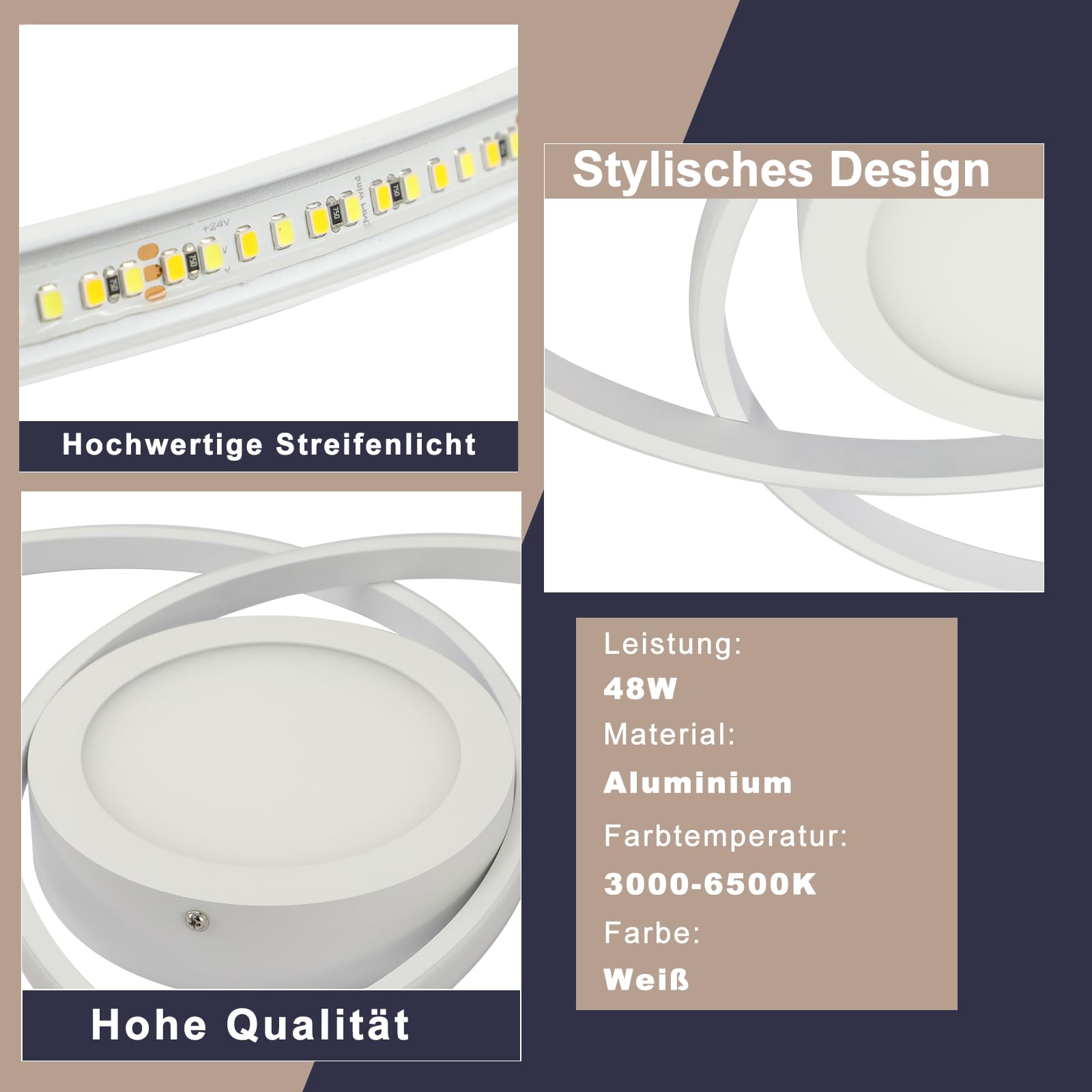 Homefire Deckenlampe LED Deckenleuchte Wohnzimmer - Schlafzimmerlampe Dimmbar mit Fernbedienung 48W Wohnzimmerlampe Weiß 47CM Schlafzimmer Deckenbeleuchtung Modern Küchenlampe für Flur Küche Büro
