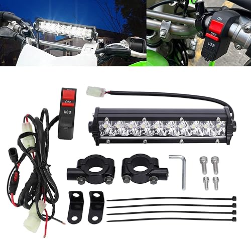 motoparty Kit de barra de luz para faros delanteros de motocross KLX110 CRF110 TTR110 YZ250F con cargador de enchufe USB, 60 W 2500LM Plug-n-Play motoparty Kit de barra de luz para faros delanteros de motocross KLX110 CRF110 TTR110 YZ250F con cargador de enchufe USB, 60 W 2500LM Plug-n-Play