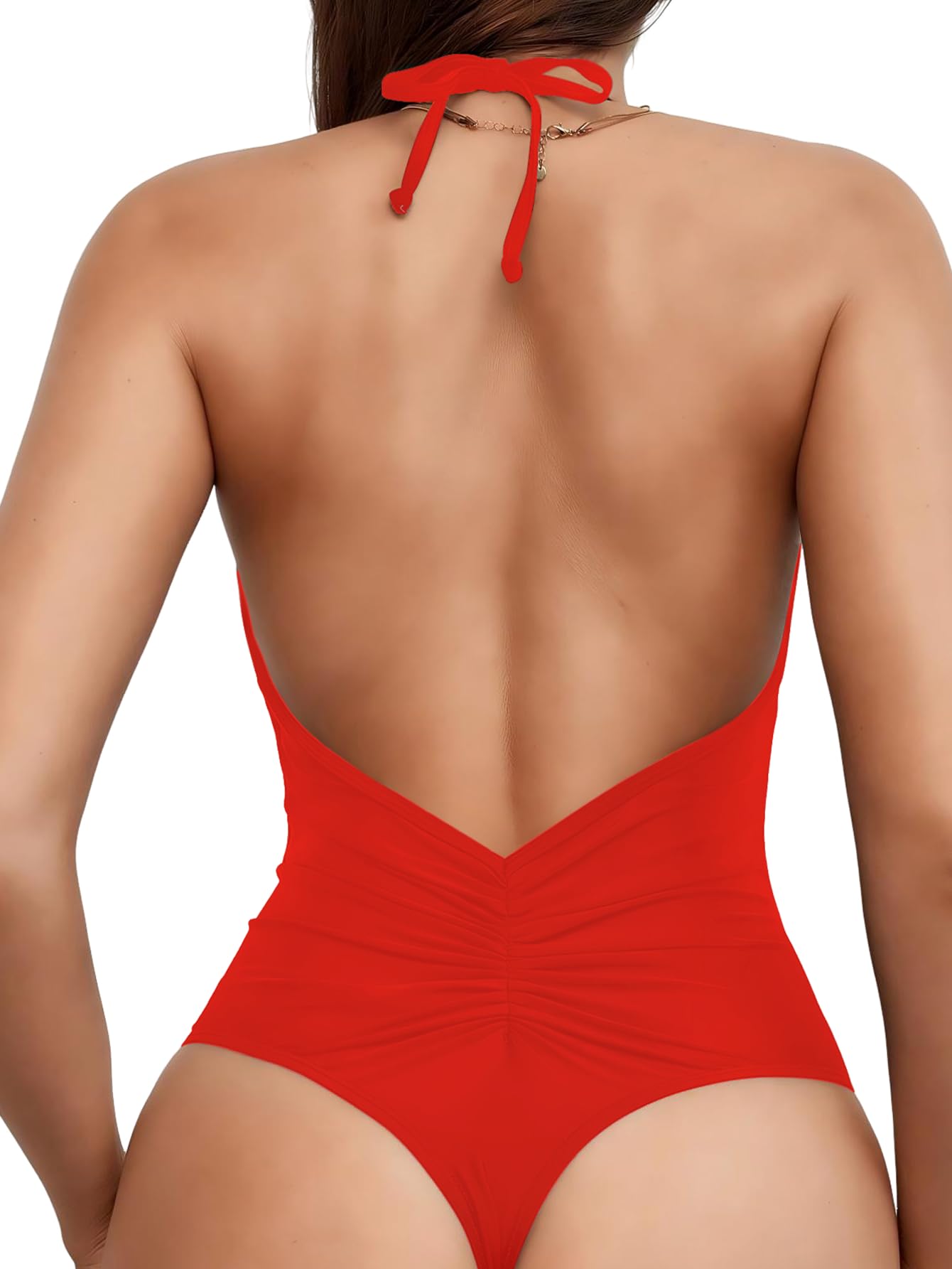 Sexybody Women' s One Piece Sexy Swimsuits Halter Tie Back V Neck Low Back Bathing Suit Ruched Butt High Cut Swimsuit Thong