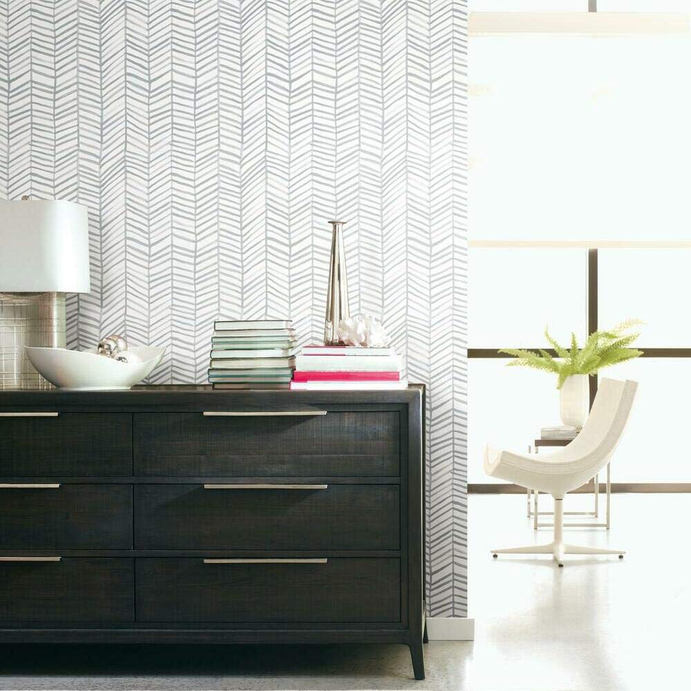 RoomMates RMK11631WP Cat Coquillette Herringbone Grey and White Peel and Stick Wallpaper, 52.1 x 502.9 cm - Image 2