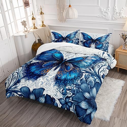 Image of AILONEN Beautiful Blue Butterfly Comforter Set Twin Size, Vintage Blue Flower Bedding Set for Kids Girls,Fly Butterflies Bed in a Bag All Season 3Pcs(1 Comforter + 2 Pillowcases)