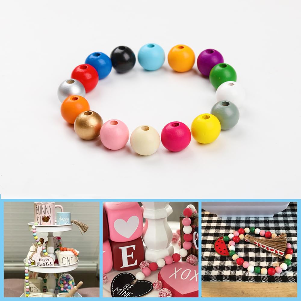 HFBOBP Lot de 100 perles rondes en bois de 25 mm à enfiler avec cordes de bricolage - Perles rondes en bois naturel non traité - Pour bricolage, bijoux, bracelets, colliers, décorations
