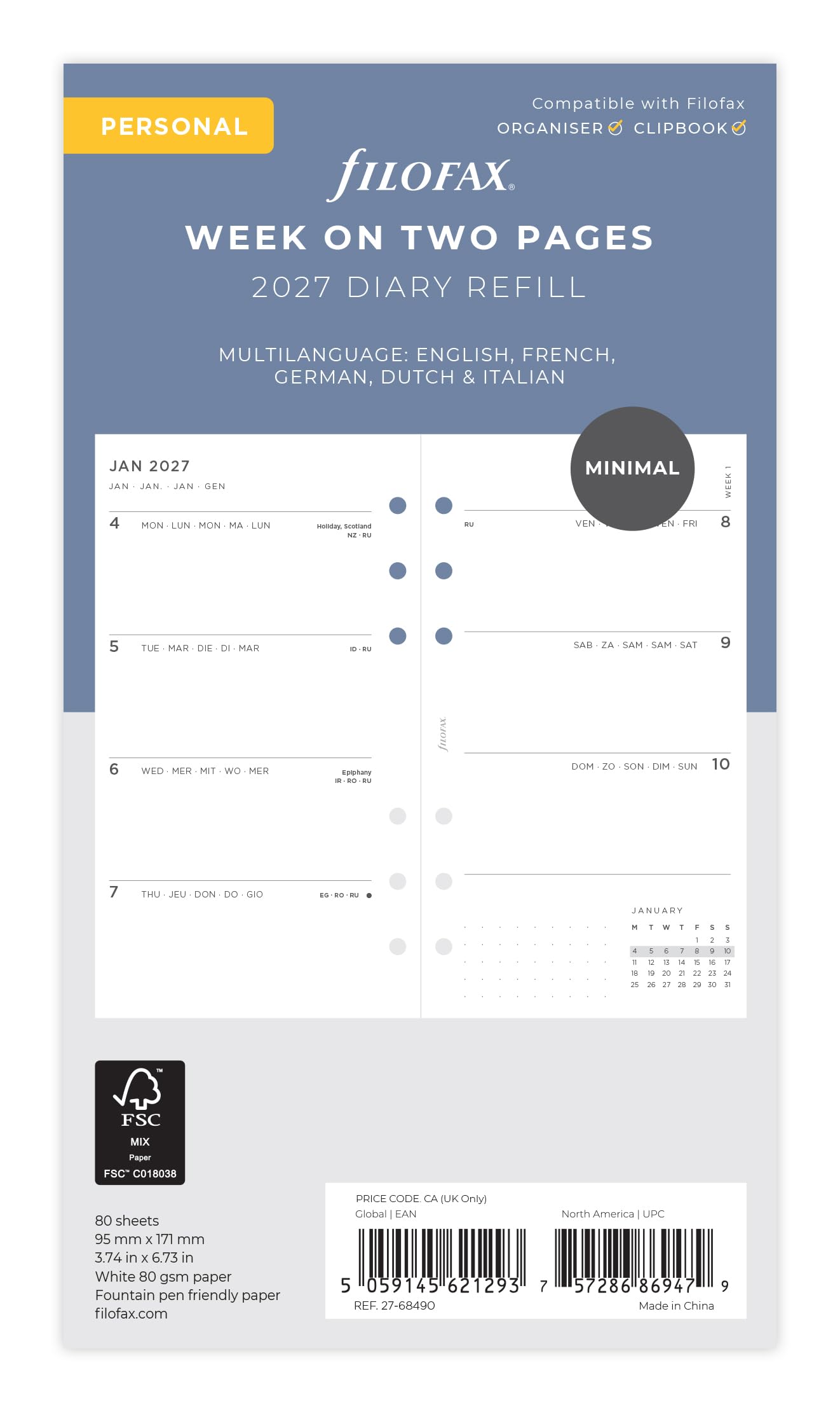 Filofax Personal Minimal Week on two pages 2027 diary 27-68490