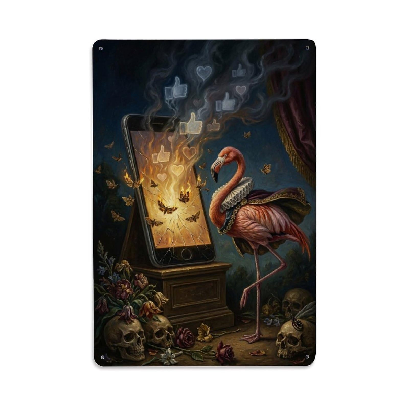 Flamingo Burning Likes Satire Surreal Vintage Animal Visual Metal Tin Sign Plaque Wall Decor for Cafe, Man Cave, Club Bar, Office, Home Garden Round Metal Poster 8x12Inch