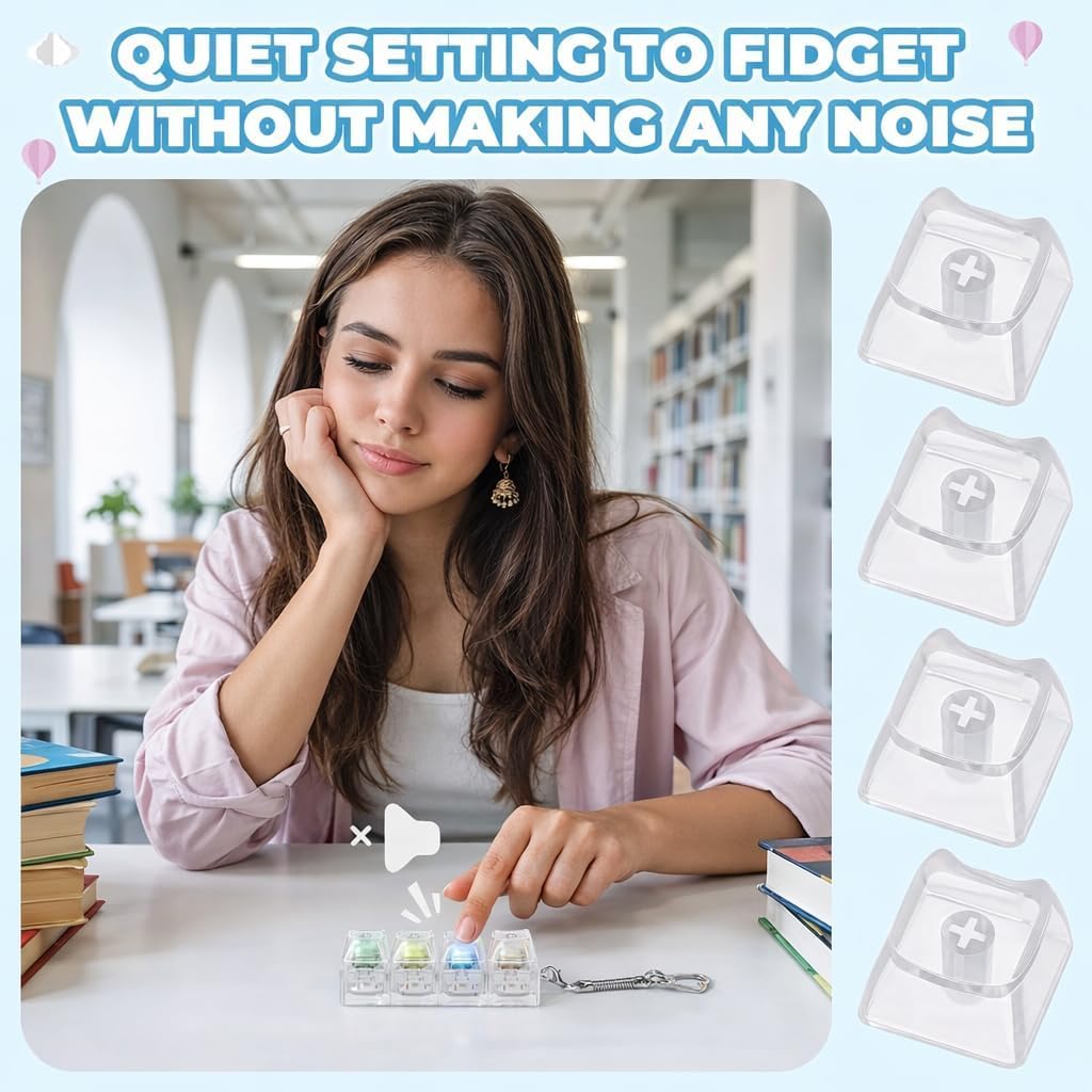 4-in-1 Keyboard Fidget Clicker Toy | Mechanical Key Button Cube with Silent & Loud Clicks | Stress Relief Keychain | Pack of 1, Multicolor