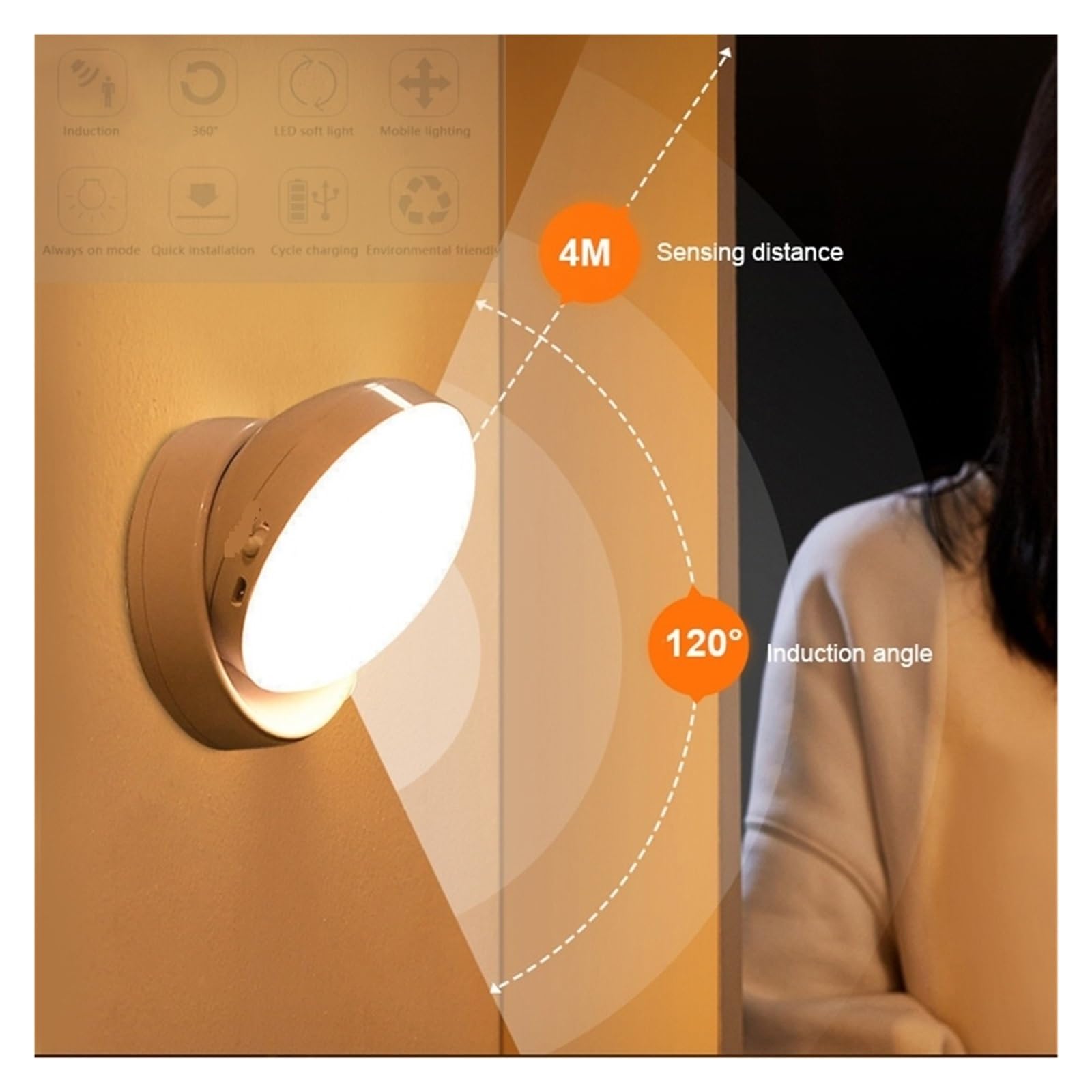 360 Obrócony czujnik ruchu PIR Lampka nocna LED Kinkiety Akumulator Światło podszafkowe Bezprzewodowa lampka nocna do szafy(Warm White)