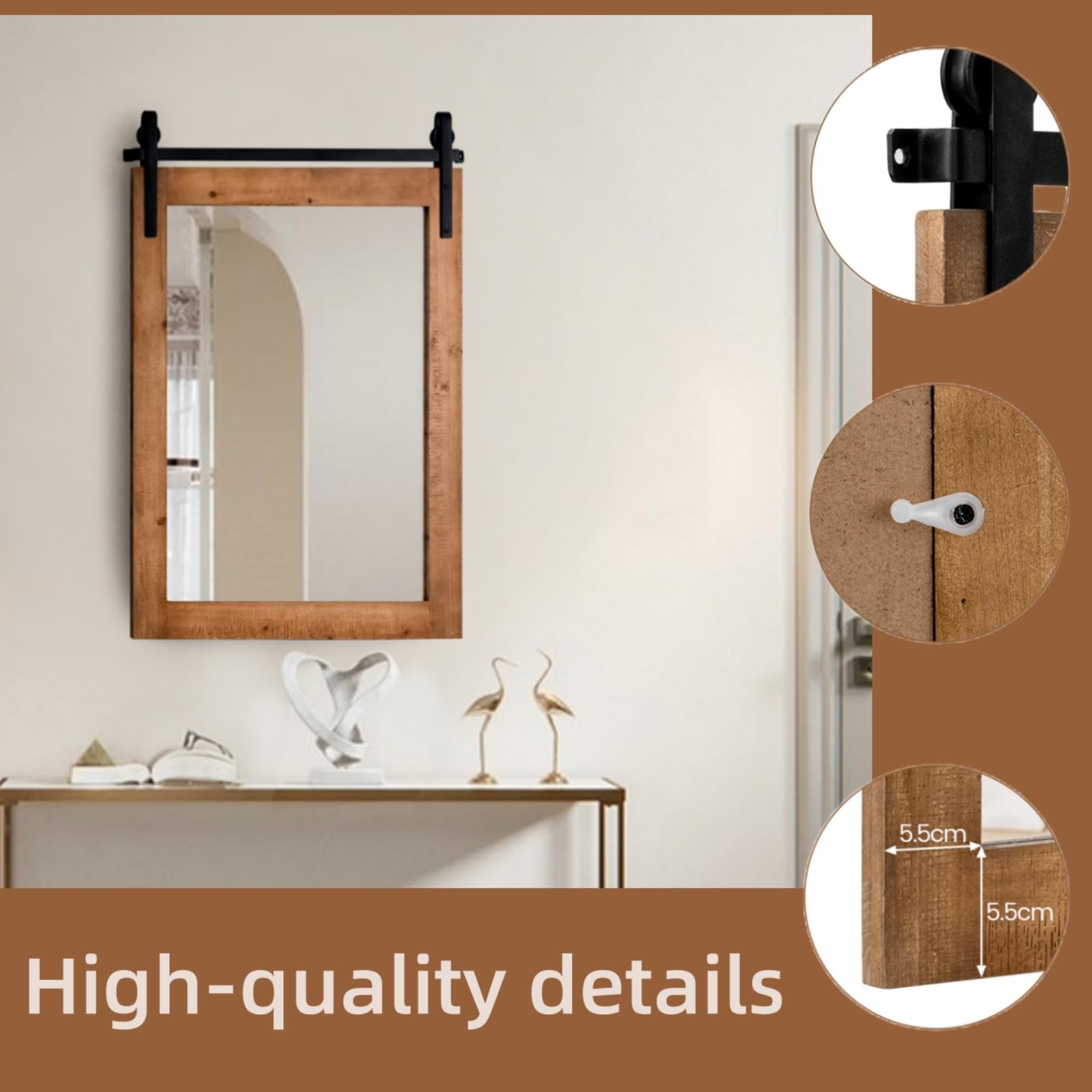 LIFEZEAL Specchio da Parete Rettangolare, Cornice in Legno Massello, Antisplosione, Decorativo, Ingresso, Salotto, Camera da Letto, Bagno, Appeso a Muro, Alta Definizione, Mirror (marrone, 56x76,5 cm)