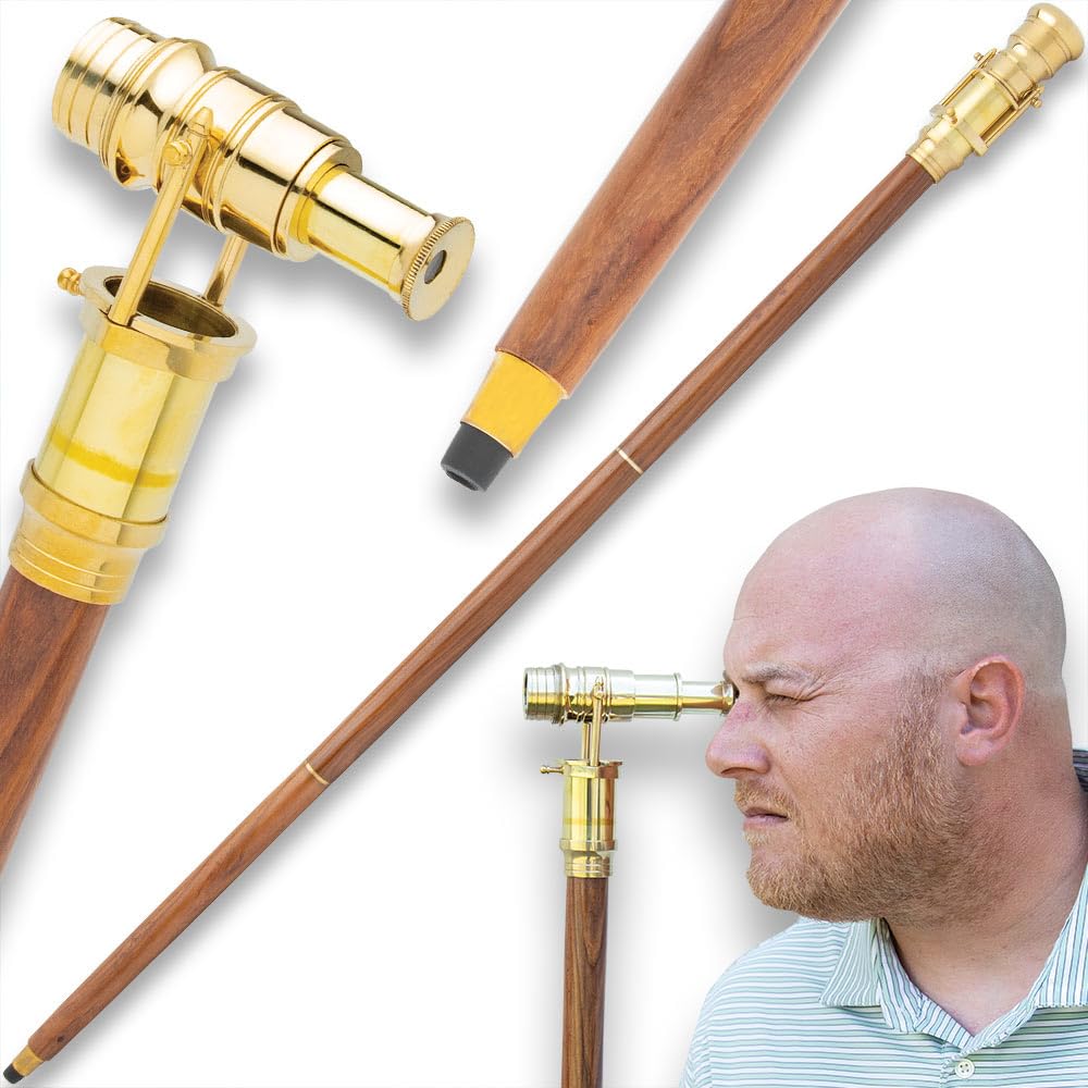 Brass Telescope and Walking Stick | Functional Brass Telescope Hidden in Handle | Premium Wooden Shaft | 3-Piece Break-Down Design | No-Slip Rubber Toe | 37
