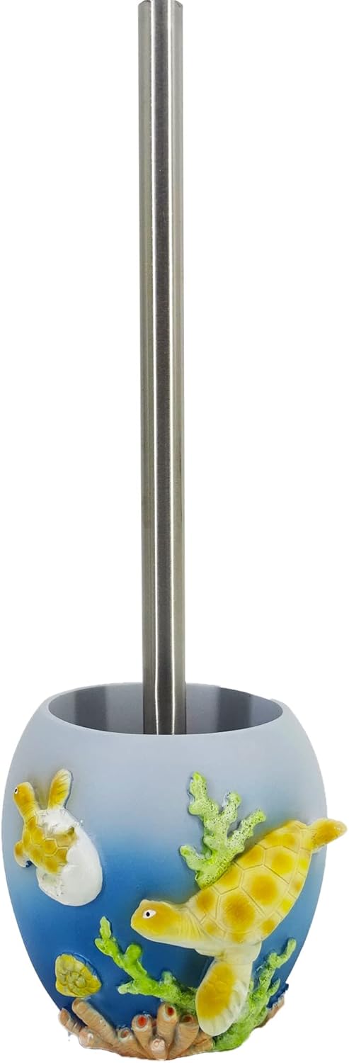 Ocean Blue Sea Turtle Toilet Brush Holder - 6-inch Resin Bathroom Organizer with Mother & Baby Design, Coastal Non-Slip Decor