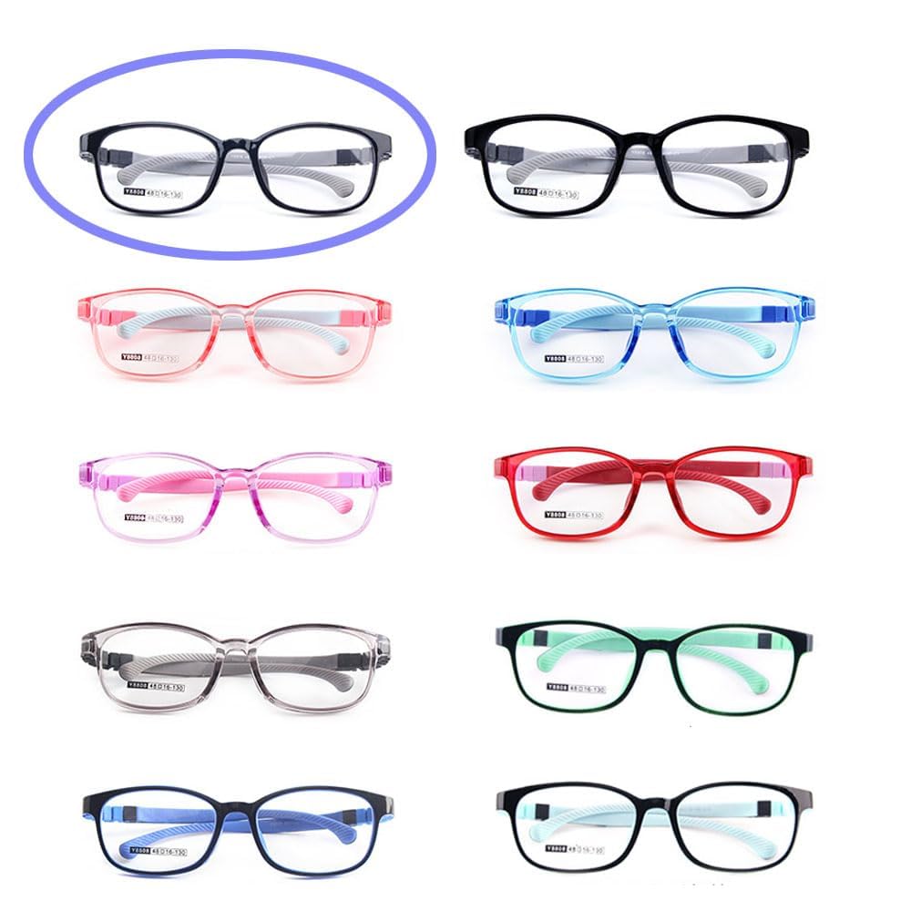 QYAJS Brillenrahmen für Kinder, optischer Brillenrahmen, TR90, flexibel, biegbar, einteilig, sichere Brille für Mädchen und Jungen (Hellschwarz und Grau), Hellschwarz, Größe M, Light Black, Medium