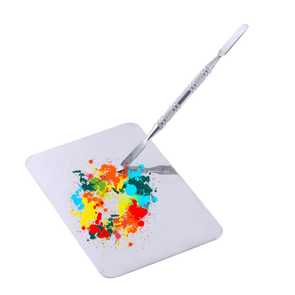 Rotekt Small Stainless Steel Makeup Palette Rectangle Shape Foundation Mixing Plate Tools With Spatula-image-2