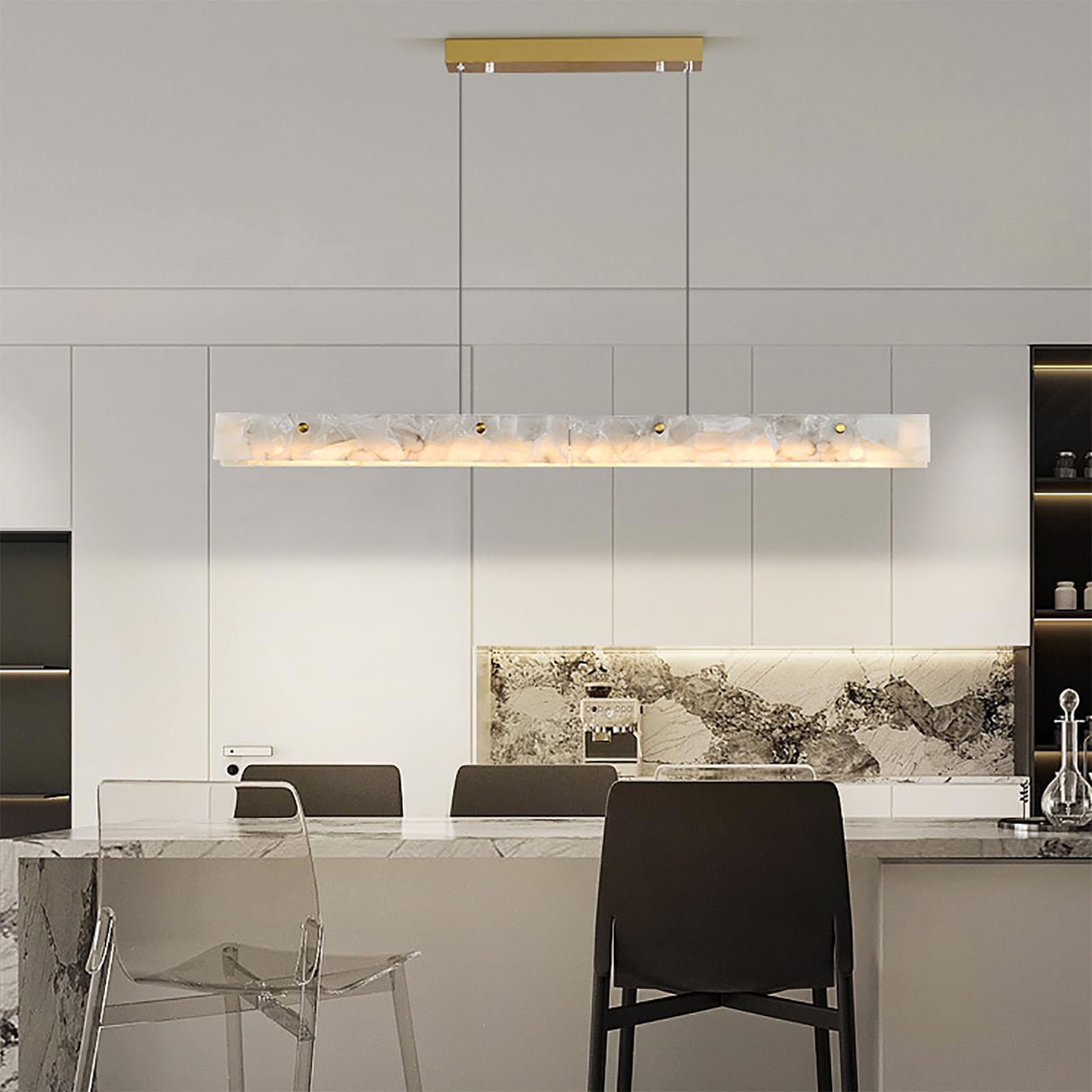 Lampadario Rettangolare in alabastro per Isola Cucina, Lampada a Sospensione a LED dimmerabile, Moderno, lineare, Effetto Marmo, per Sala da Pranzo, Soggiorno, Camera da Letto (100