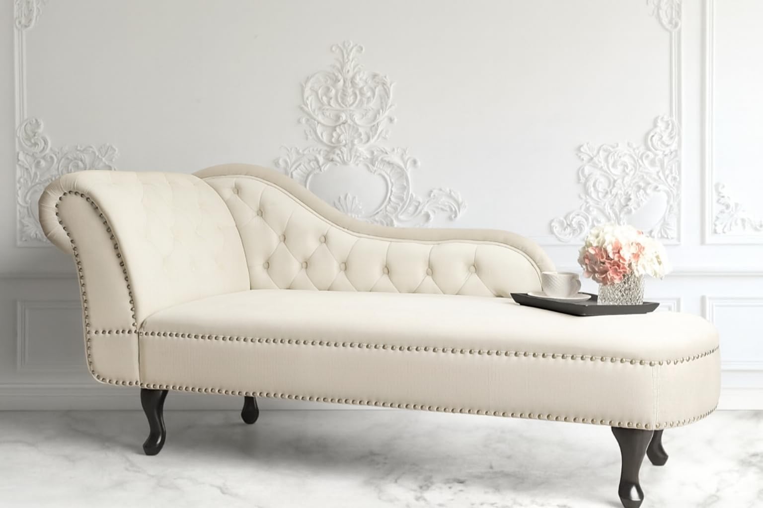 Velvet Modern Chesterfield Chaise Lounge Couch 166 X 63 X 76 for Your Loving Space (Beige-L, Left Arm)-image-11