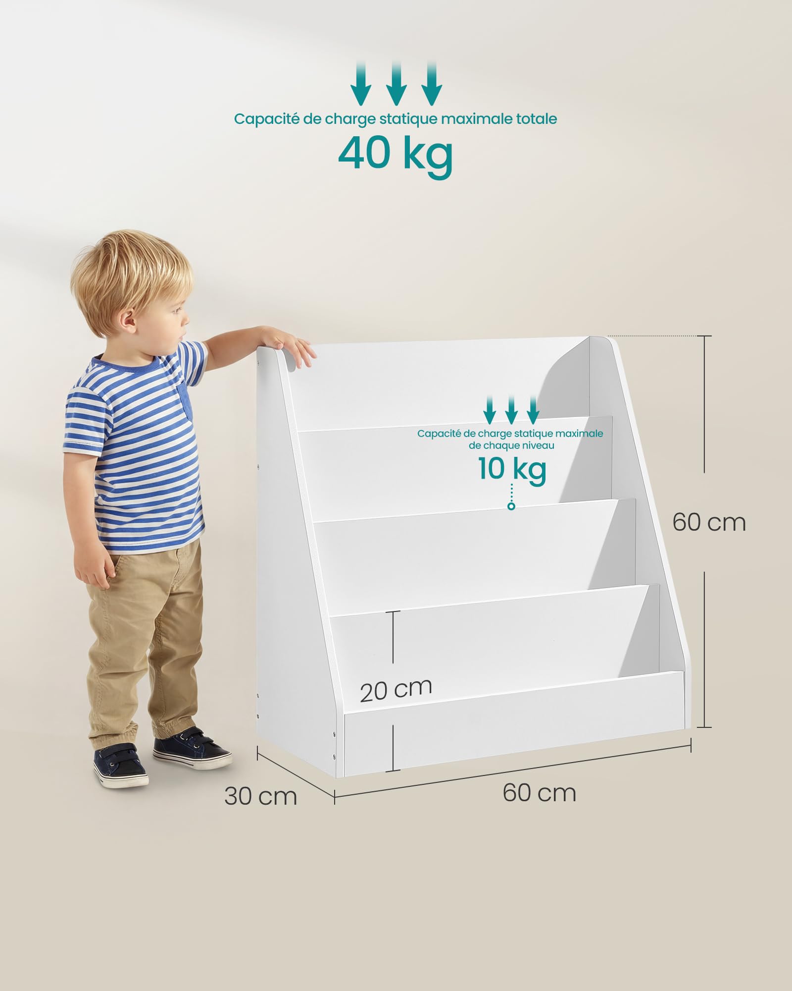 SONGMICS Étagère à Livres pour Enfants, Bibliothèque Montessori à 4 Niveaux, Présentoir Albums Illustrés, pour Chambre d’Enfant, Espace Lecture, 30 x 60 x 60 cm, Blanc Nuage GKR074WZ01