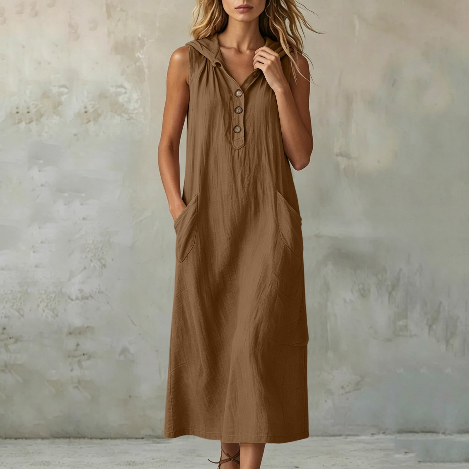 Generico Vestiti Estivi Donna Lunghi Lino Vestiti Cotone Scollo a V Morbidi Vestito Largo con Bottoni Abito Estivo Tinta Unita Comodo e FLuidi Vestito Mare Taglie Forti Abito Curvy Estate Mare