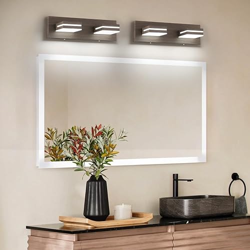 Miniatura 6 de SineRise Moderna lámpara LED para tocador de baño (2 luces, 15.5 pulgadas, regulable), madera marrón, pintada de acrílico, moderna lámpara de pared
