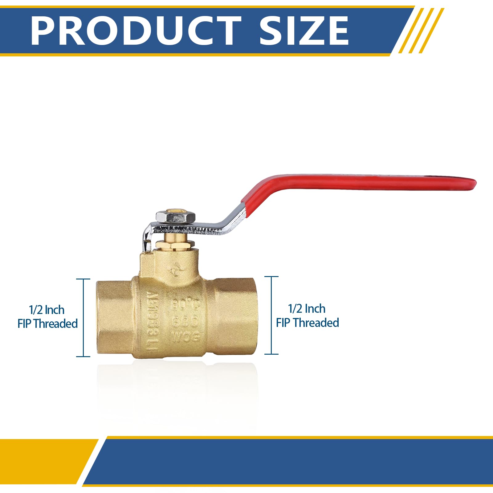 Válvula de bola de latón de puerto completo resistente de 1,27 cm, válvula roscada FNPT FIP de 600 WOG para aire comprimido, agua, fontanería o aceite (paquete de 10, mango rojo)