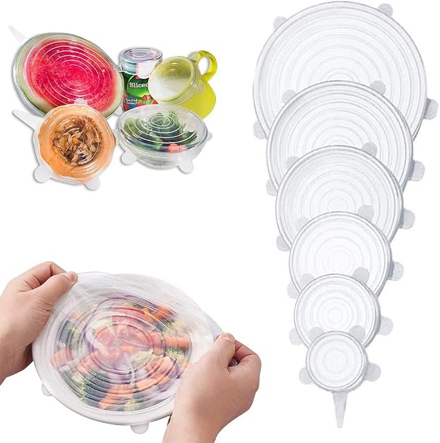 Silicone Stretch Lids, Food Storage Container Cover for Bowl, Mugs, Pots, Cans, Cups, Jar  Reusable Food Hugger Wrap, 6 Pcs/Set (Color : White)
