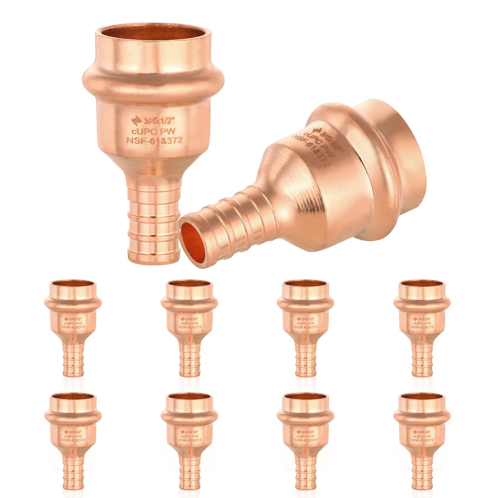 HeSun Paquete de 10 adaptadores de ajuste de prensa de cobre, 3/4 pulgadas x 1/2 pulgada PEX F1807 acoplamiento de crimpado