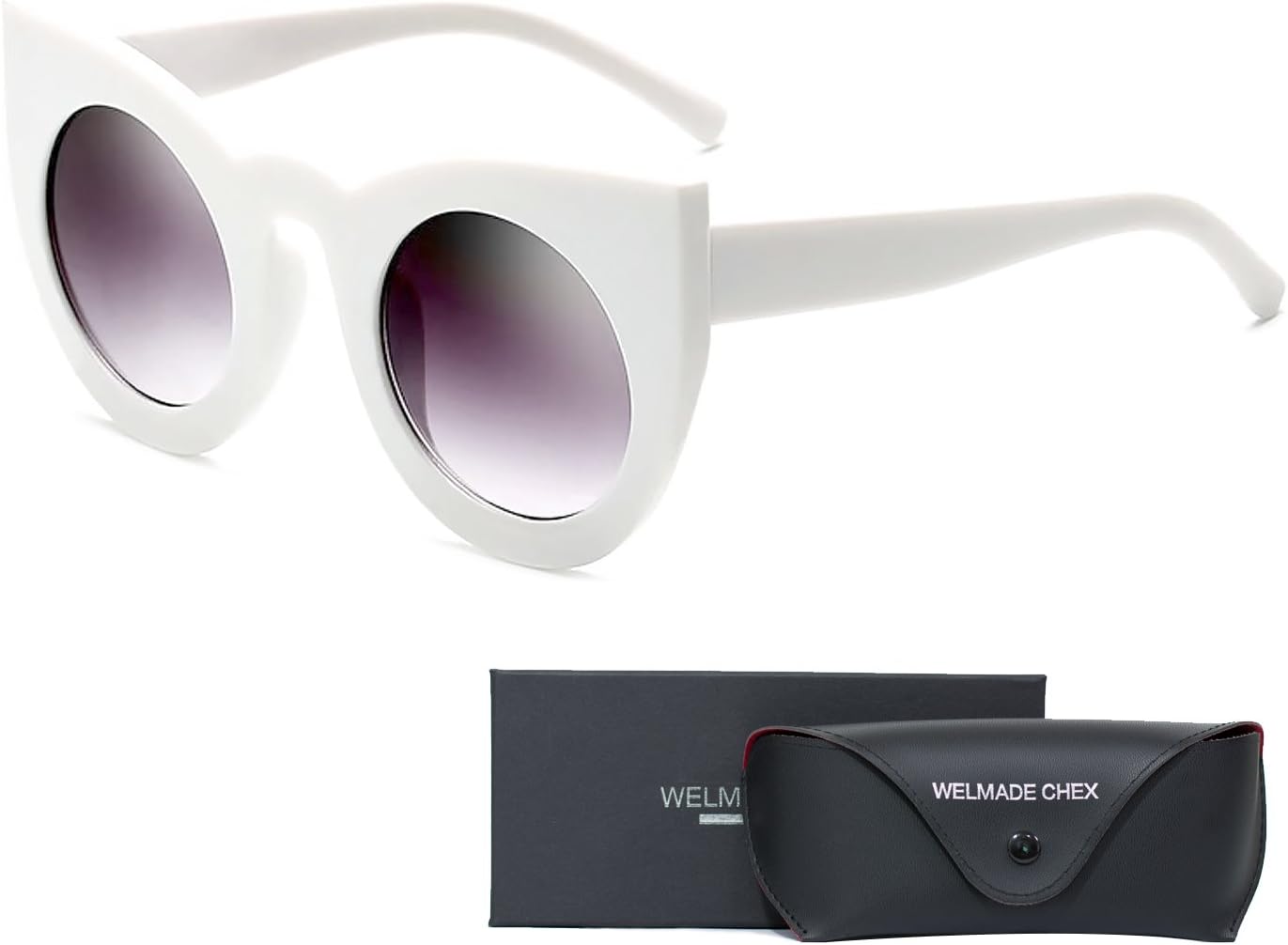 Fashionable Chic Super Cat Eye Sunglasses Sexy Cat Eye Sun Glasses Geometric Circle Frame Cateyes (WHITE, BLACK)