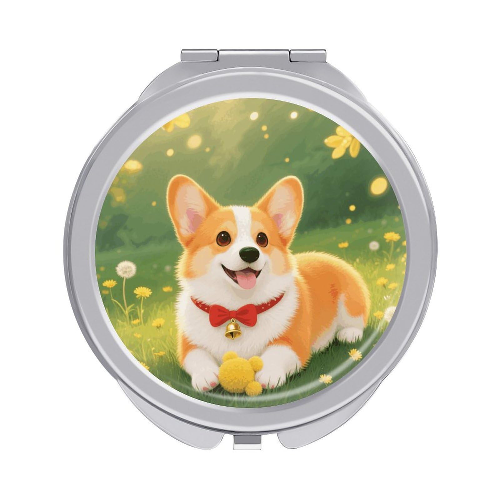 FodPand Compact Hand Mirror with 1x/2x Magnifying Round Travel Makeup Mirror Mini Foldable Corgi Cosmetic Mirrors Travel Essentials Gift for Women Girl Portable for Pocket Purse -Silver