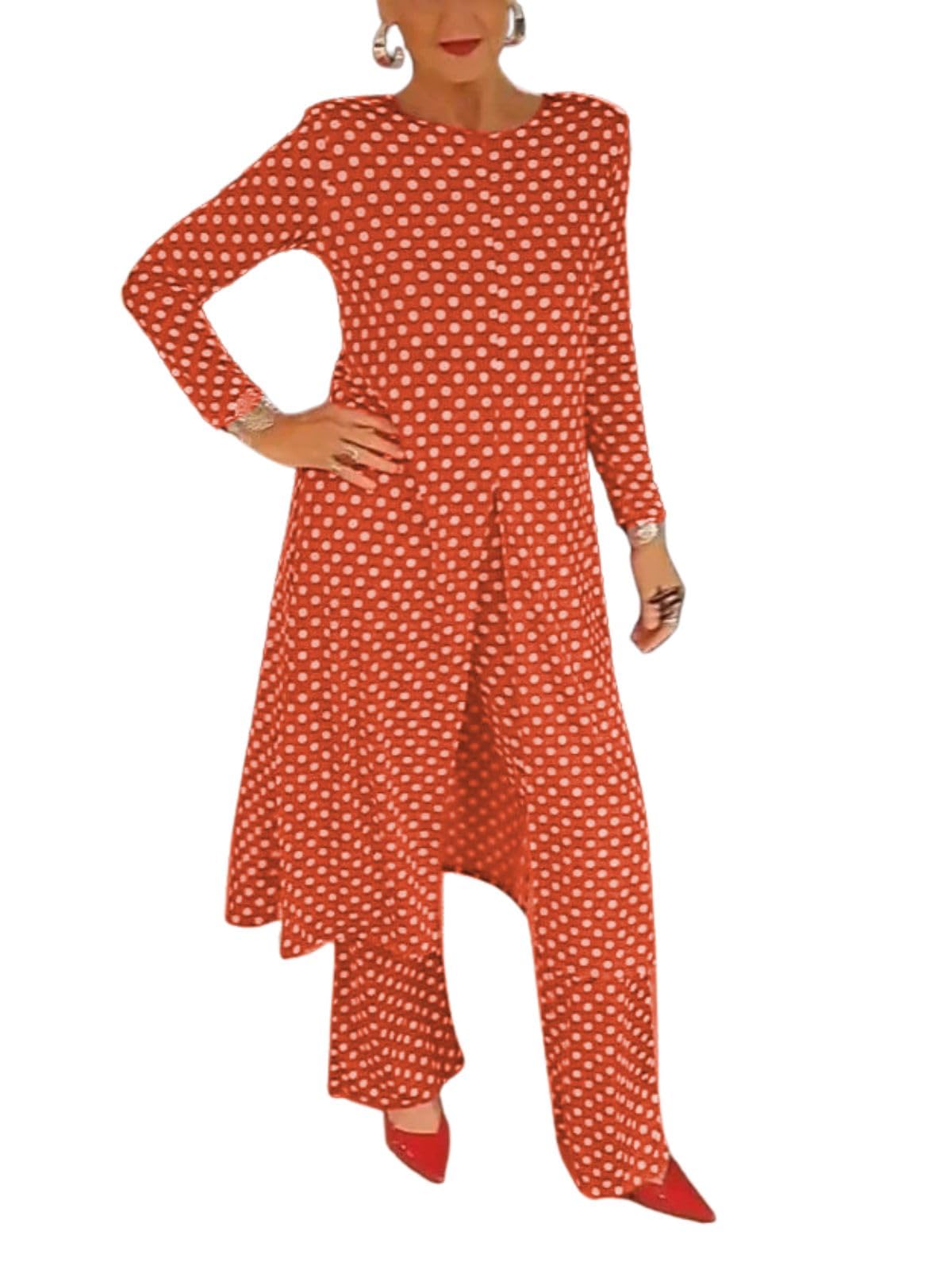 Womens Polka Dot Pant Suit 2 Piece Outfits Fall Long Tunic Tops and Wide Leg Pants Sets Matching