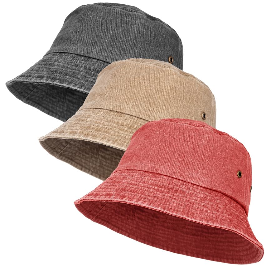 Image of 3Pcs Washed Cotton Bucket Hats for Women and Men,Fishing Hat Pack Summer Travel Beach Sun Hat Outdoor.