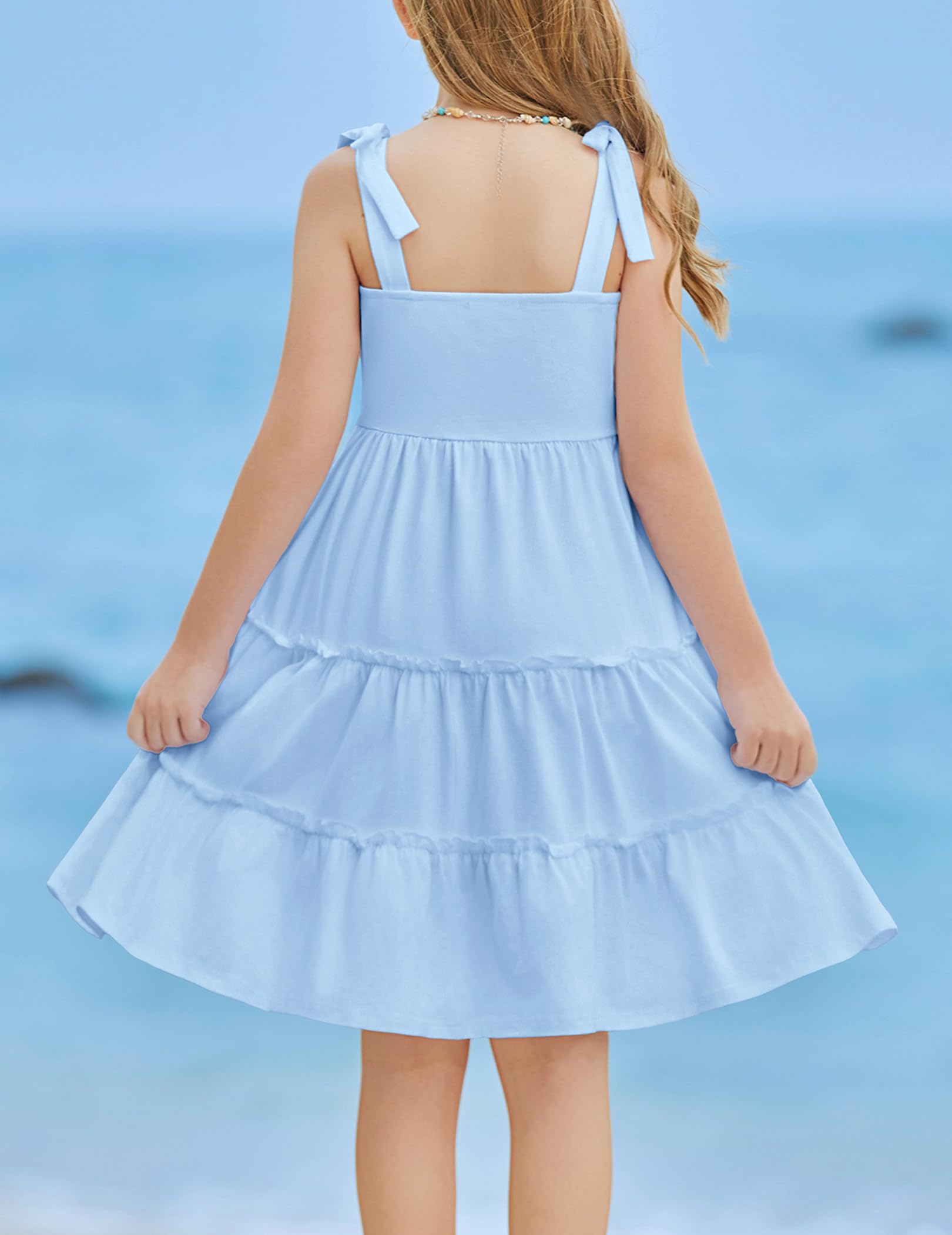 Arshiner Mädchen Kleider Fliege Trägerkleid Kinder Baumwolle Sommerkleid Ärmelloses A-Linie Swingkleid Schulterfrei Elegant Freizeitkleid für Mädchen 5-14 Jahre - 3
