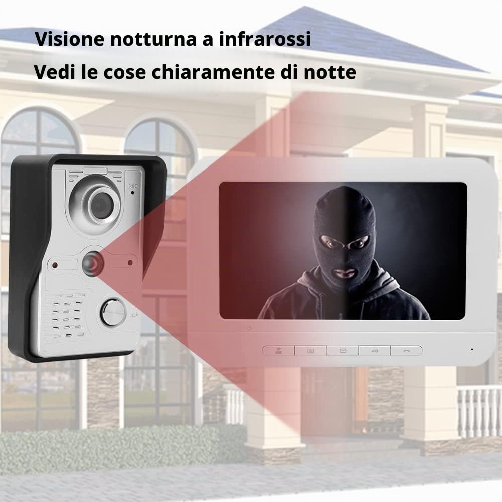 Videocitofono, Campanello Video con Display 7 Pollici Supporto rilevamento Movimento per Visione Notturna Monitoraggio sblocco remoto Citofono bidirezionale
