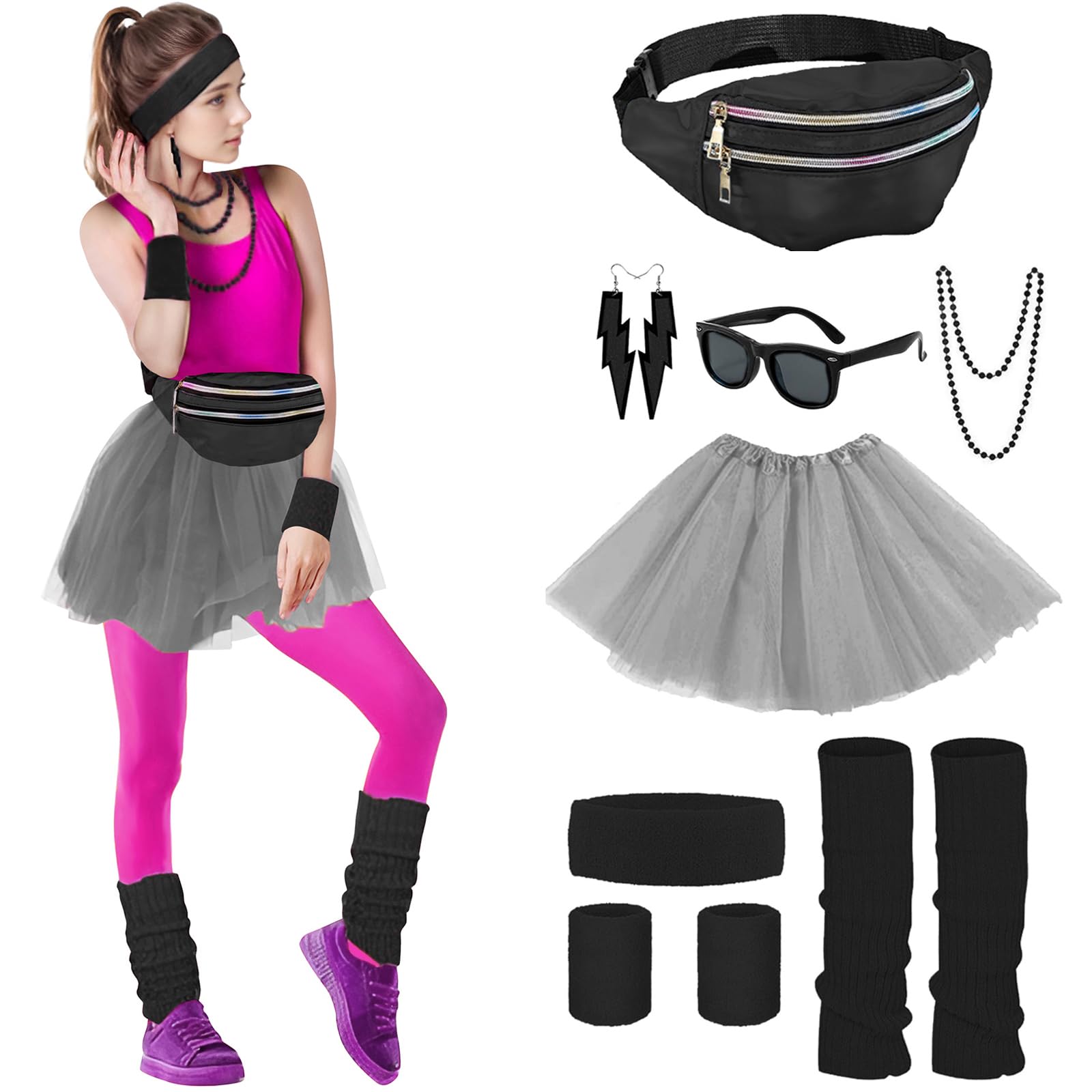 Cckuu 80s Fancy Dress for Women: Waterproof Bumbag, Headband, Wristbands, Leg Warmers, Earrings, Sunglasses & Accessories for Neon 80s Fun Run Teams (Black Grey)